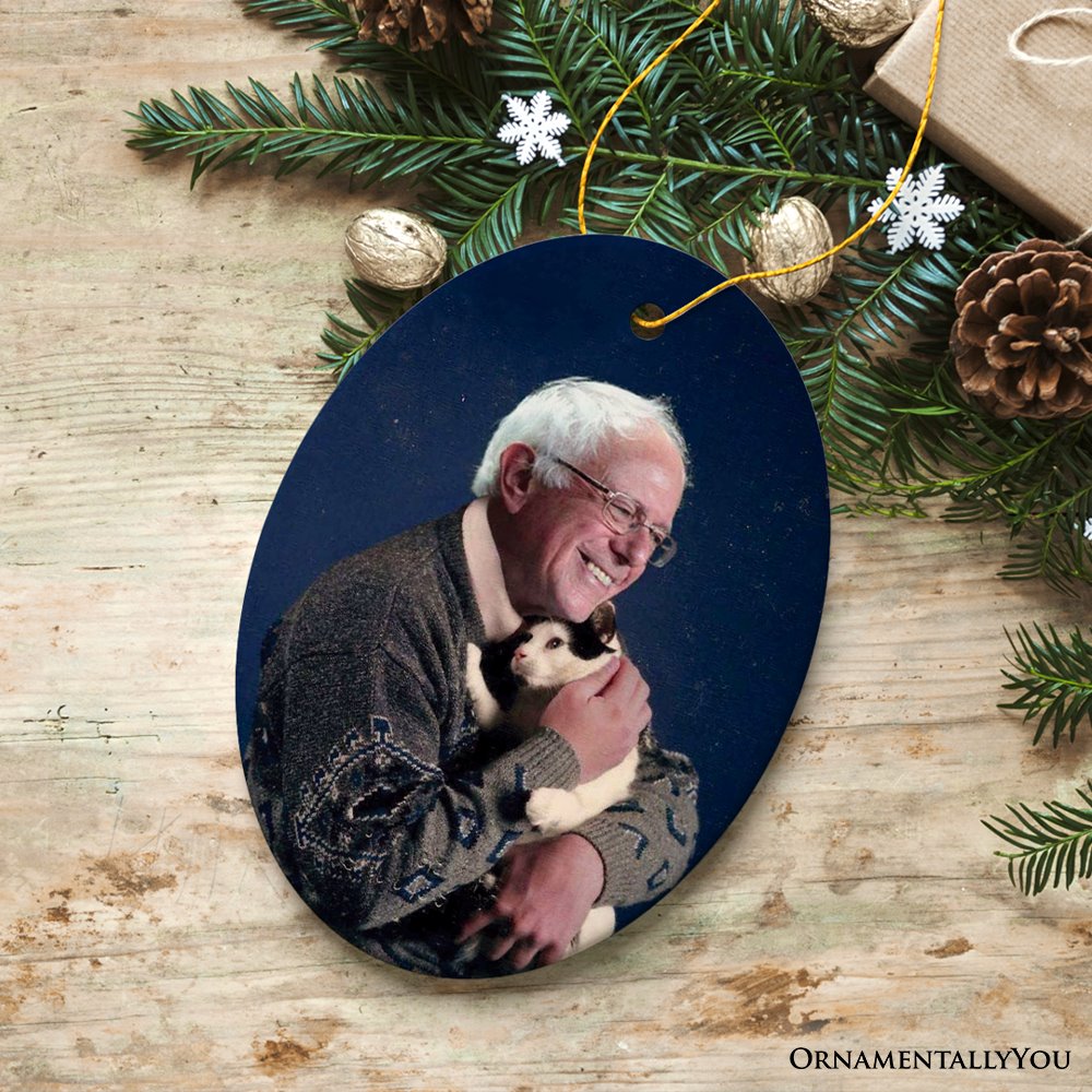 Bernie Sanders Ornament, Christmas Decoration Bernie Holding Cat Ceramic Ornament OrnamentallyYou 