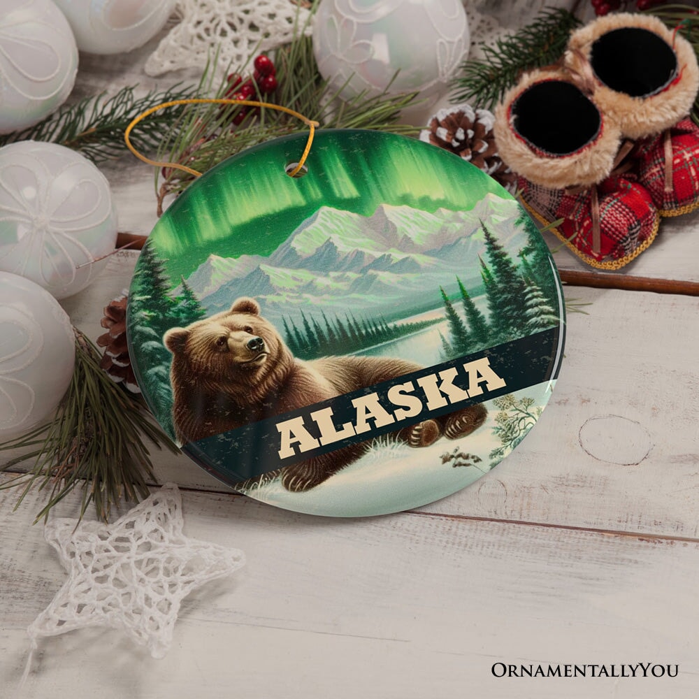 Majestic Alaska Wilderness Vintage Ornament, Northern Lights Grizzly Bear Christmas Gift and Nature Souvenir Ceramic Ornament OrnamentallyYou 