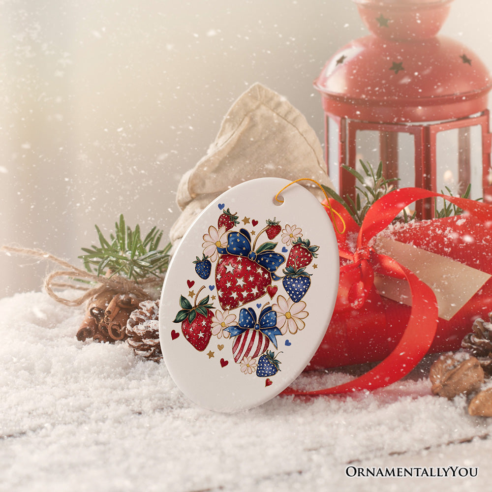 Patriotic Boho Strawberries Bouquet Ornament, 4th of July Festive Patch Christmas Tree Decor