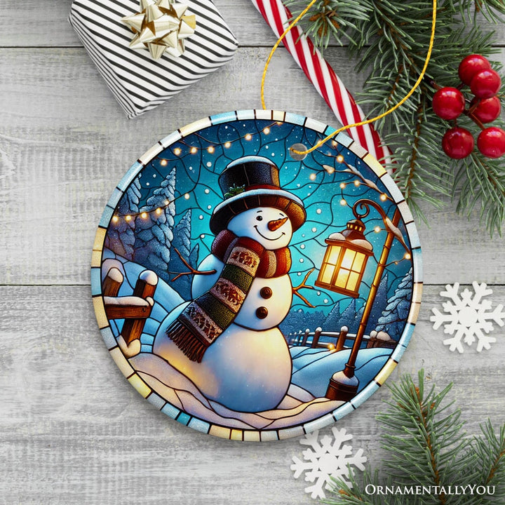 Serene Lantern Light Snowman with Top Hat Ornament, Gift for Joyful Winter Tranquility Decor Ceramic Ornament OrnamentallyYou 