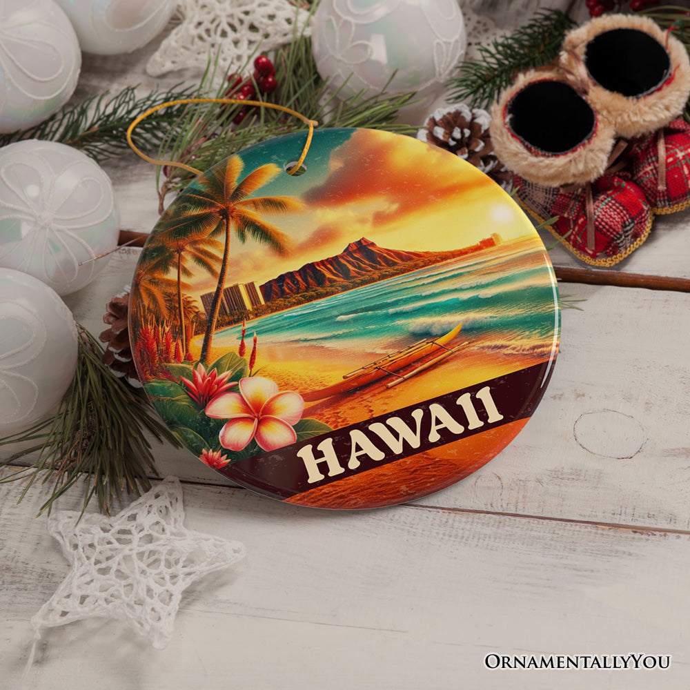 Tropical Hawaii Island Christmas Ornament, Vibrant Diamond Head Seaside Gift and Honolulu Souvenir