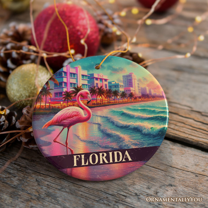 Vibrant Florida Flamingo Art Deco Ornament, Miami Beach Souvenir and Coastal Christmas Gift