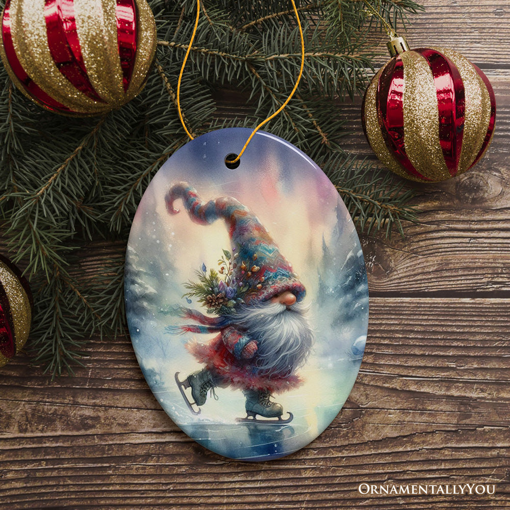Whimsical Skater Gnome on Ice Ceramic Ornament, Magical Night Christmas Gift and Tree Decor
