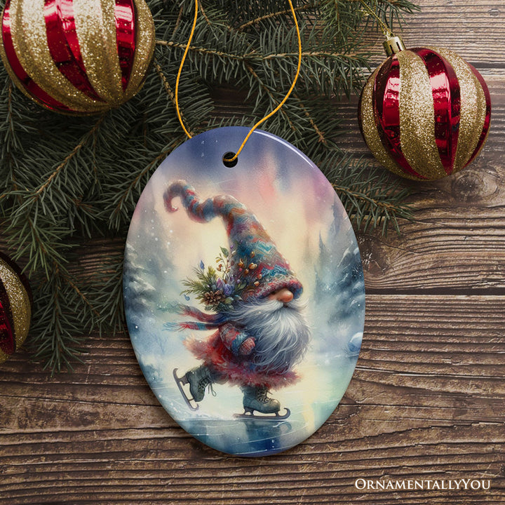 Whimsical Skater Gnome on Ice Ceramic Ornament, Magical Night Christmas Gift and Tree Decor