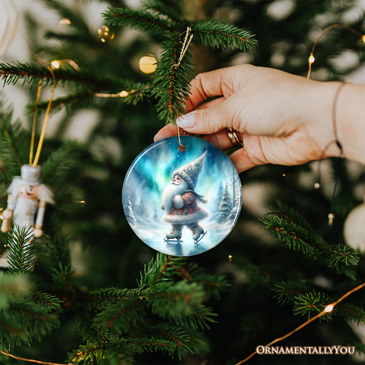 Whimsical Skater Gnome on Ice Ceramic Ornament, Magical Night Christmas Gift and Tree Decor