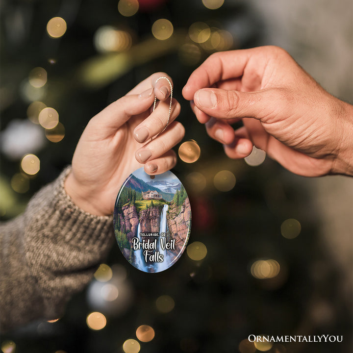 Artistic Telluride Mountain Town Ornament, Colorado Waterfall Landmark and Nature Adventure Christmas Gift and Tree Decor