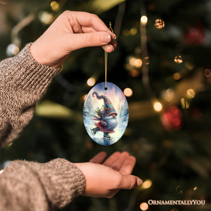 Whimsical Skater Gnome on Ice Ceramic Ornament, Magical Night Christmas Gift and Tree Decor