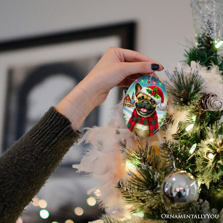 Frosty French Bulldog Ornament, Charming Pup Decoration for Magical Christmas Ceramic Ornament OrnamentallyYou 