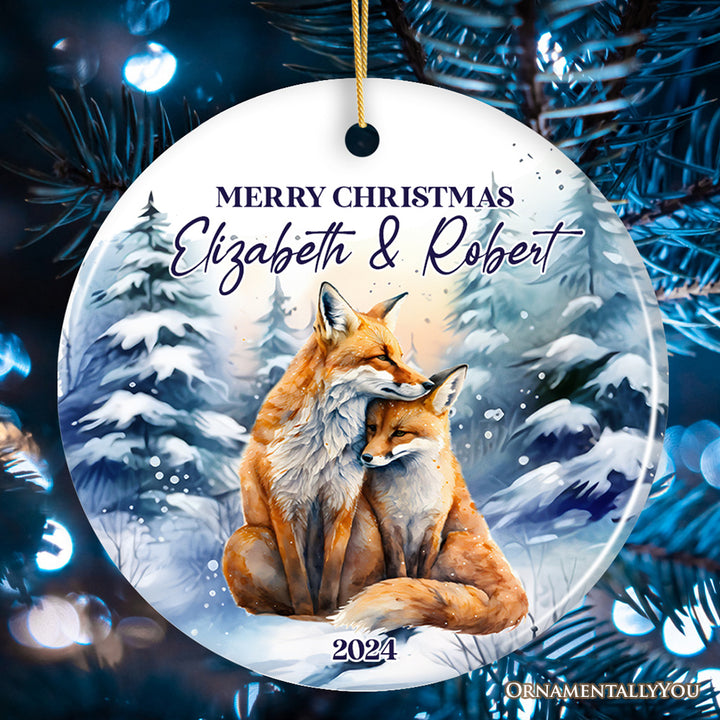 Couple Fox Personalized Ornament, Enchanted Winter Frost Christmas Gift With Custom Names and Date