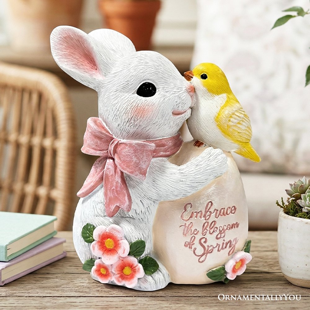 Bunny and Yellow Bird Easter Garden Statue, 7" Spring Rabbit Figurine Outdoor Decor Resin Statues OrnamentallyYou 