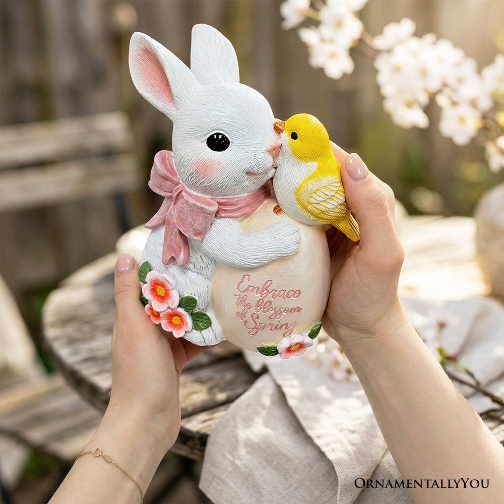 Bunny and Yellow Bird Easter Garden Statue, 7" Spring Rabbit Figurine Outdoor Decor Resin Statues OrnamentallyYou 