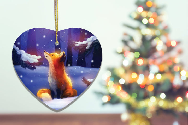 Fox in Snow Forest Ornament, Majestic Illustration Fairytale, Anime Nature Ceramic Ornament OrnamentallyYou 