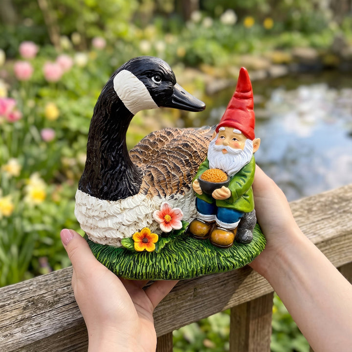 Gus the Canadian Goose & Gnorman the Gnome Garden Statue, 7" Figurine and Outdoor Decoration Resin Statues OrnamentallyYou 