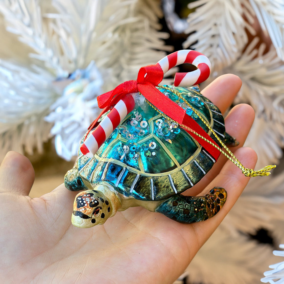 Nautical Gift Wrapped Sea Turtle Glass Christmas Ornament, Tropical Beach Holiday Decor Glass Ornament OrnamentallyYou 