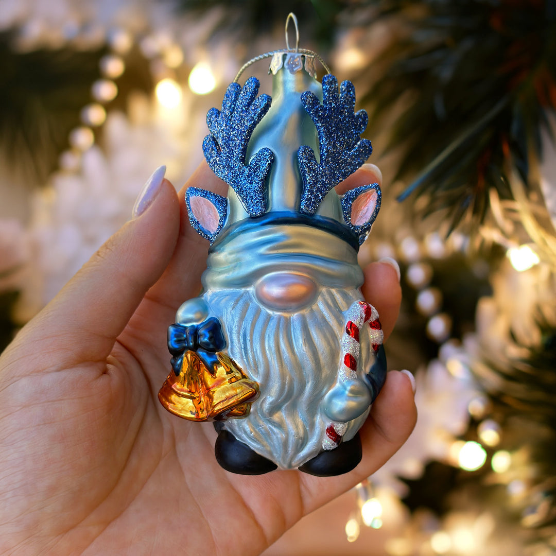 Charming Blue Gnome with Antlers Glass Christmas Ornament Glass Ornament OrnamentallyYou 