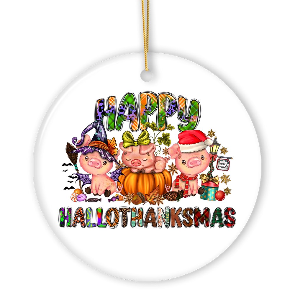 Happy Hallothankmas Cute Festive Pigs Holiday Christmas Ornament, Halloween and Thanksgiving Fall Theme Ceramic Ornament OrnamentallyYou 