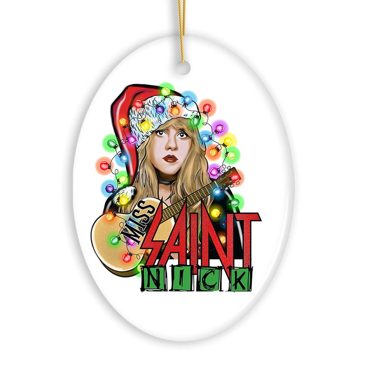 Iconic Miss Saint Nick Bohemian Christmas Ornament, Poetic Guitarist Feminine Rock Theme Ceramic Ornament OrnamentallyYou 