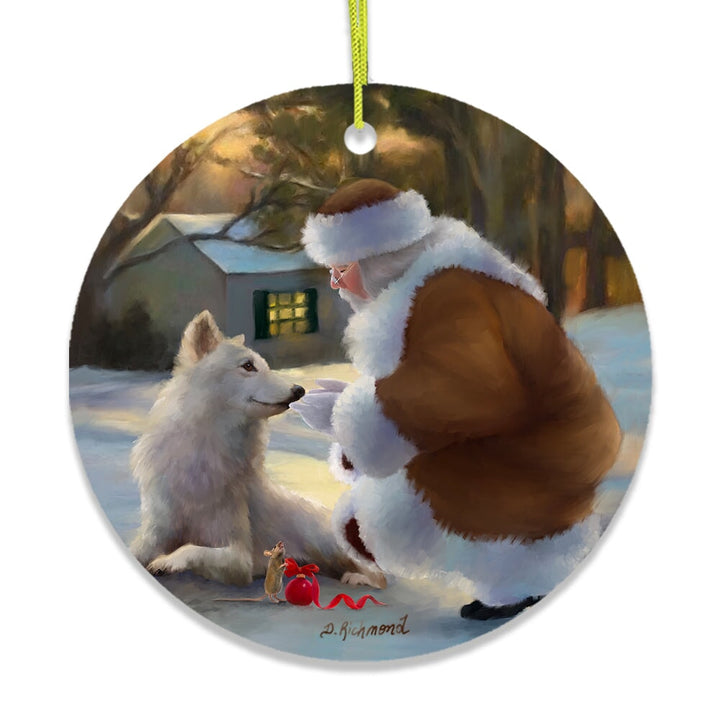 It's Almost Christmas Santa Wolf and Curious Mouse Ornament Ceramic Ornament OrnamentallyYou 