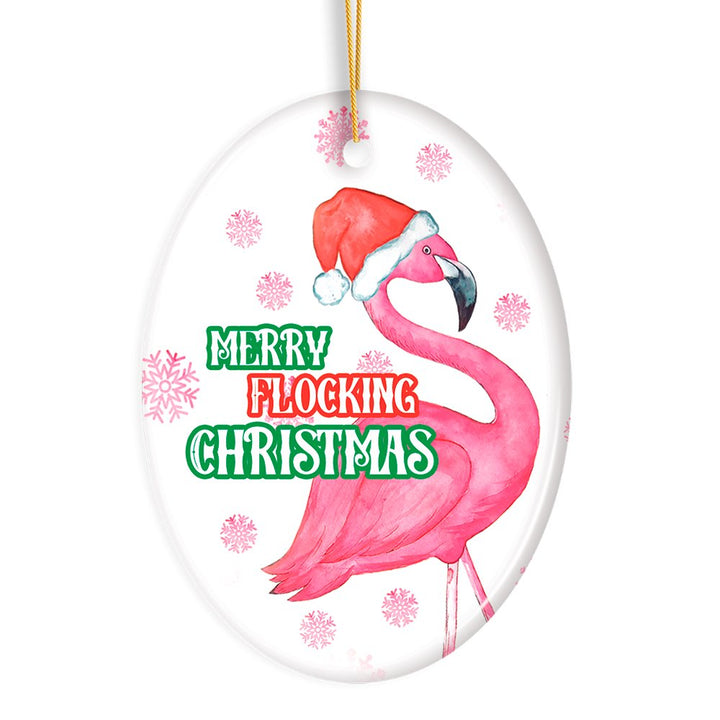 Merry Flocking Christmas Pink Flamingo Christmas Tree Decoration Ornament Ceramic Ornament OrnamentallyYou 