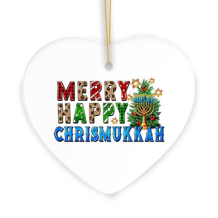 Merry Happy Chrismukkah Festive Ornament, Christmas and Hanukkah Chanukah Theme Ceramic Ornament OrnamentallyYou 