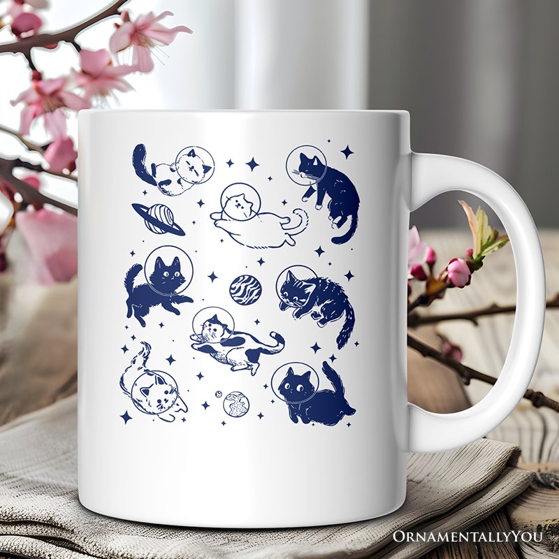 Cats in Space Retro Personalized Mug, Funny Astronaut Kitty Gift with Cosmic Vibes and Custom Name Personalized Ceramic Mug OrnamentallyYou 