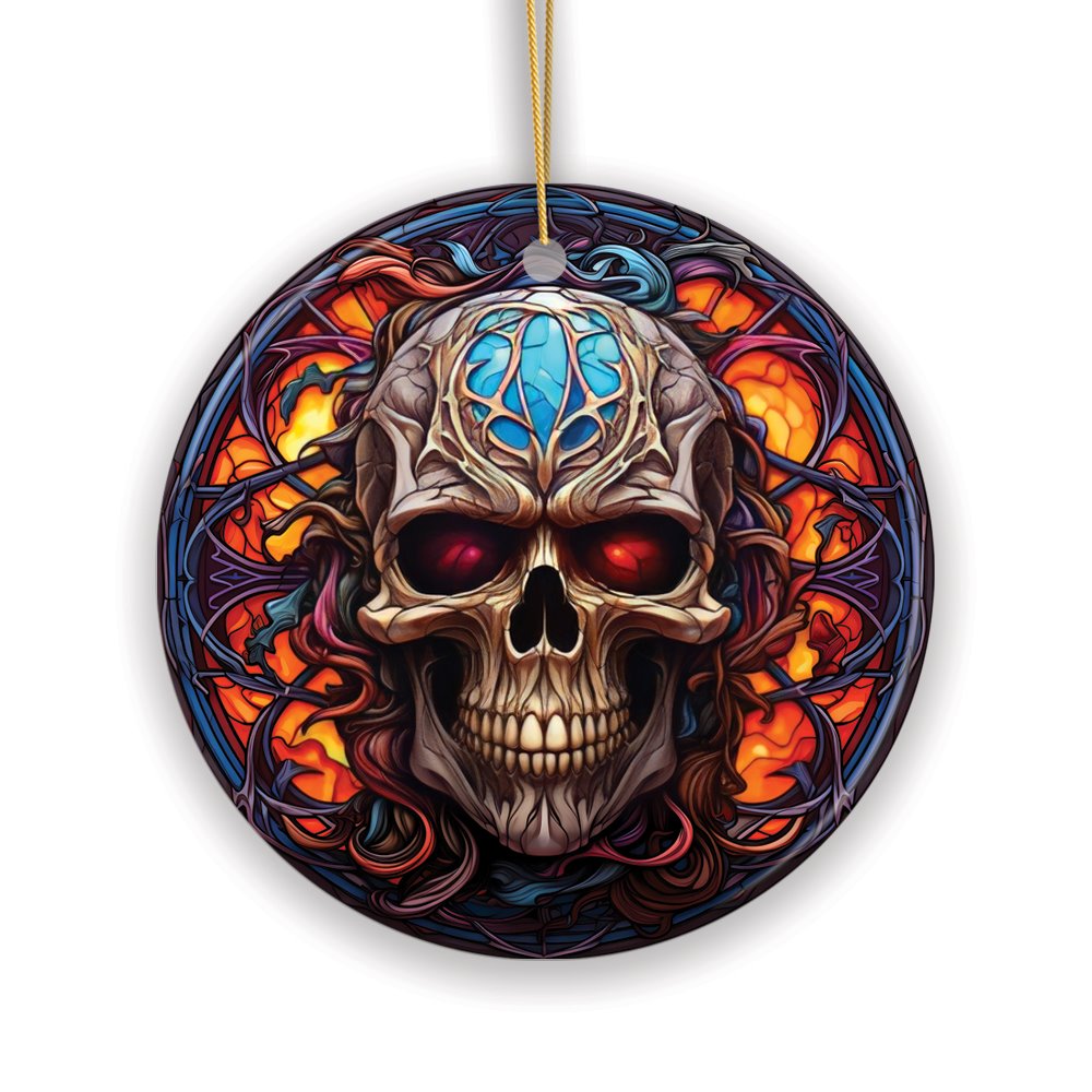 Phantom's Grin Sinister Skull Stained Glass Style Ceramic Ornament, Halloween Themed Christmas Gift and Decor Ceramic Ornament OrnamentallyYou 