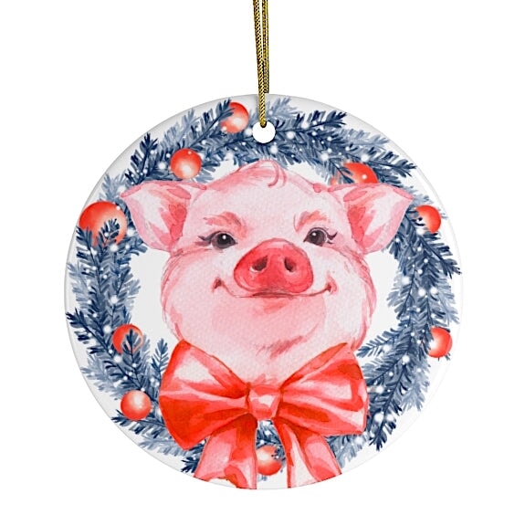 Pig in Christmas Wreath Ornament Ceramic Ornament OrnamentallyYou 