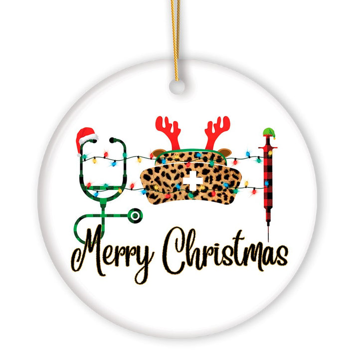 Plaid Nurse Theme Merry Christmas Ornament, Stethoscope and Needle Ceramic Ornament OrnamentallyYou 