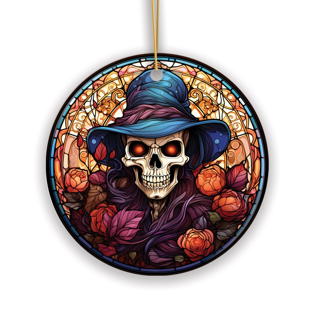 Elegant Skull with Blue Hat Stained Glass Style Ceramic Ornament, Halloween Themed Christmas Gift and Decor Ceramic Ornament OrnamentallyYou 