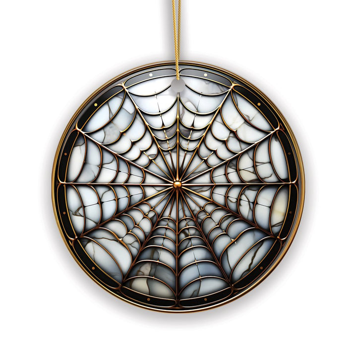 Golden Arachnid Haunt Intricate Spider Web Stained Glass Style Ceramic Ornament, Halloween Themed Christmas Gift and Decor Ceramic Ornament OrnamentallyYou 