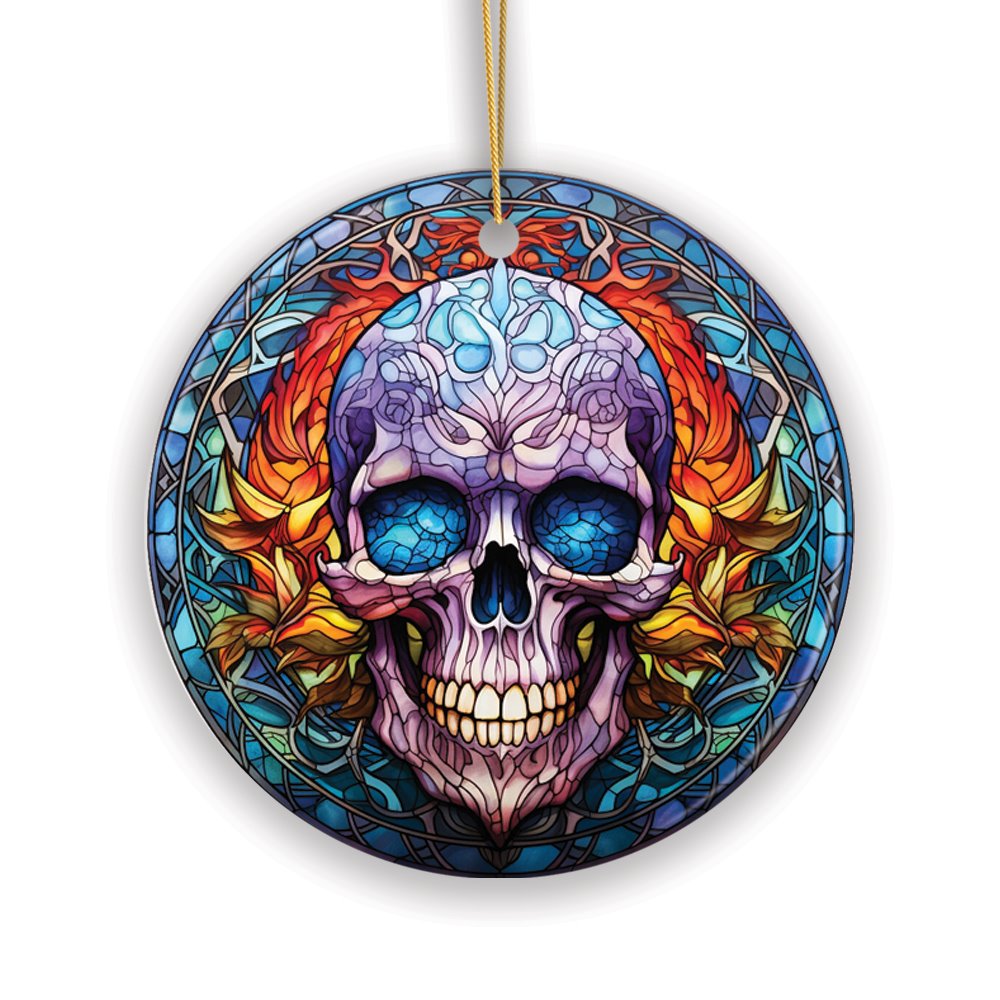 Grim Guardian Haunting Skull Stained Glass Style Ceramic Ornament, Halloween Themed Christmas Gift and Decor Ceramic Ornament OrnamentallyYou 