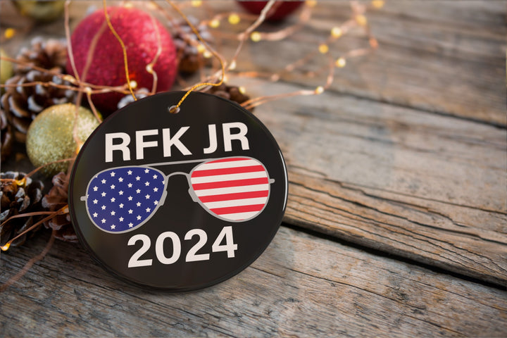 RFK JR 2024 with USA Flag Sunglasses in Black Ornament, Robert Kennedy OrnamentallyYou 