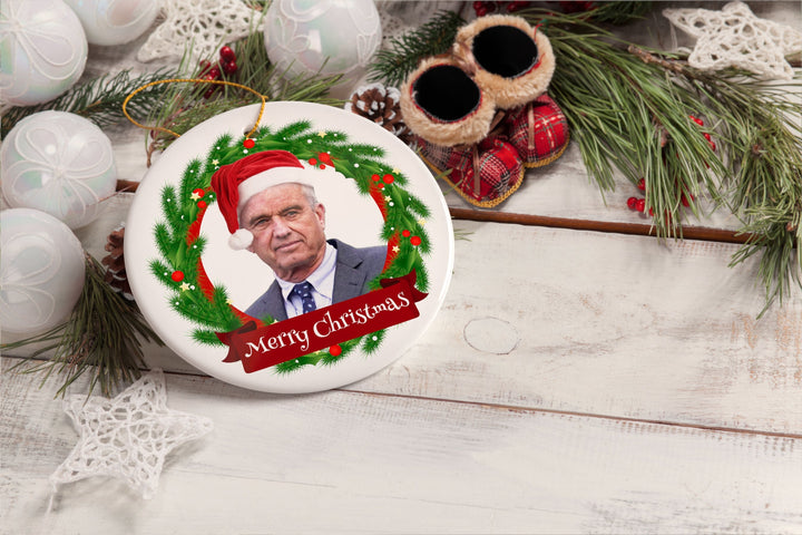 RFK JR Merry Christmas in Christmas Wreath Ornament, Robert Kennedy OrnamentallyYou 