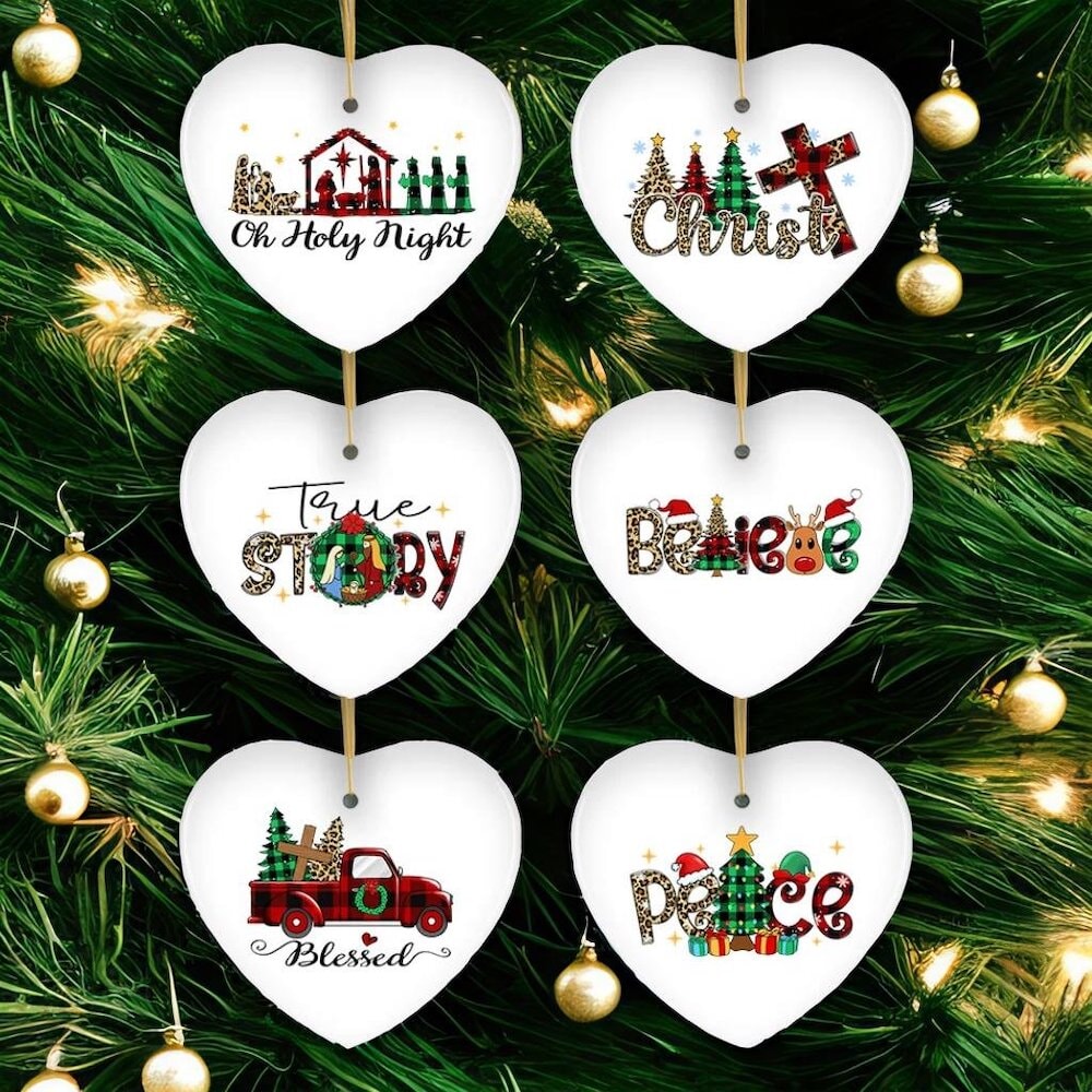 Religious Theme Plaid Ceramic Heart Christmas Ornament Bundle, Jesus and Christian Nativity Ornament Bundle OrnamentallyYou 