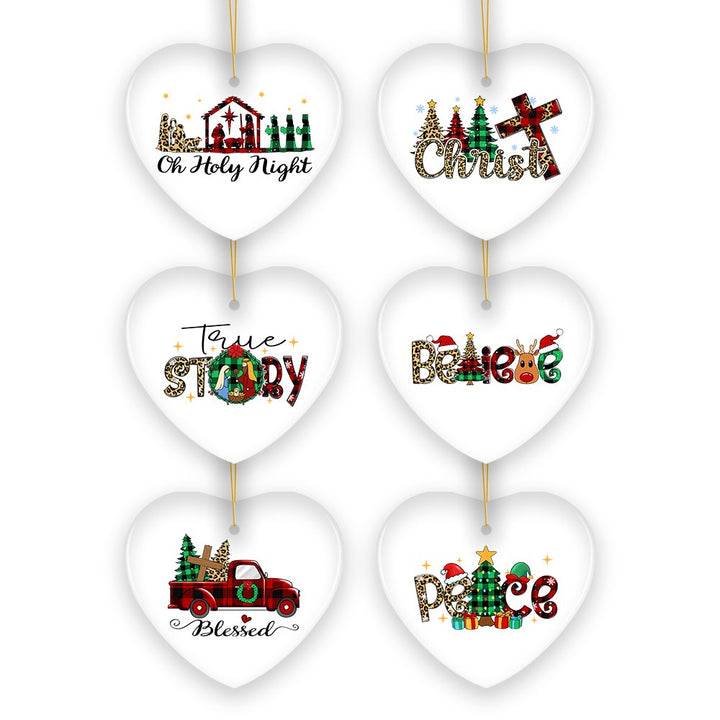 Religious Theme Plaid Ceramic Heart Christmas Ornament Bundle, Jesus and Christian Nativity Ornament Bundle OrnamentallyYou 