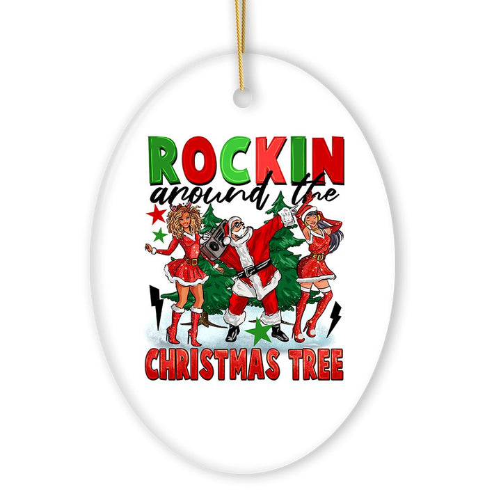 Rockstar Dancing Santa and the Ladies Cool and Funny Ornament, Rockin Around the Christmas Tree Ceramic Ornament OrnamentallyYou 