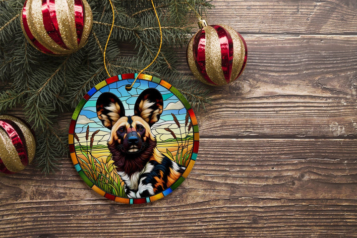 Savannah's Wild Dog Stained Glass Style Ceramic Ornament, Safari Animals Christmas Gift and Decor Ceramic Ornament OrnamentallyYou 