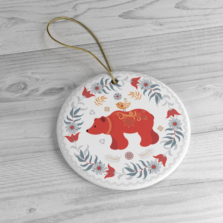 Scandinavian Folk Bear Ornament, Ethnic Floral Elegant Nature Design Ceramic Ornament OrnamentallyYou 