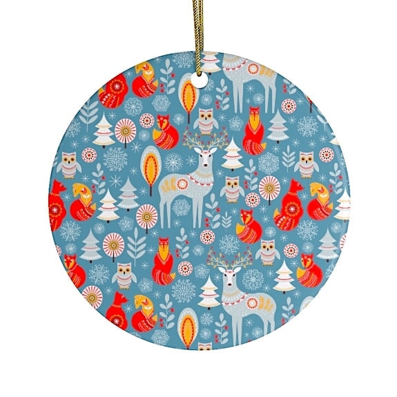 Scandinavian Folk Forest Animal Pattern Christmas Ornament, Deer, Fox, and Owl Ceramic Ornament OrnamentallyYou 