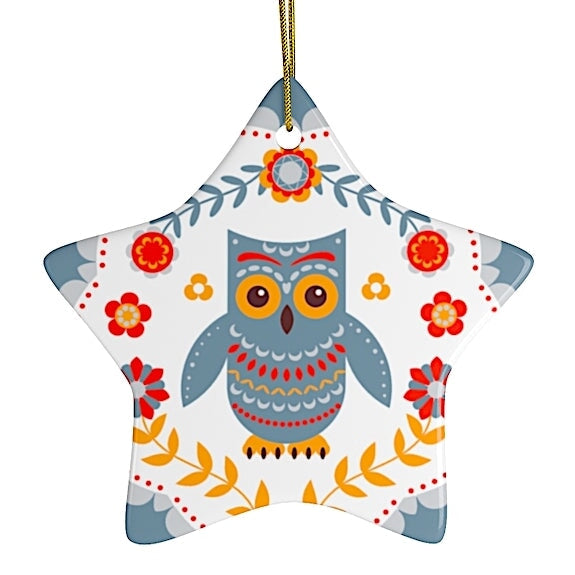 Scandinavian Owl Ornament, Ethnic Folk Boho Decoration, Mexican Style Ceramic Ornament OrnamentallyYou 