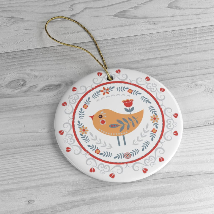 Scandinavian Yellow Bird Christmas Ornament, Ethnic Floral Pattern, Folk Illustration Ceramic Ornament OrnamentallyYou 