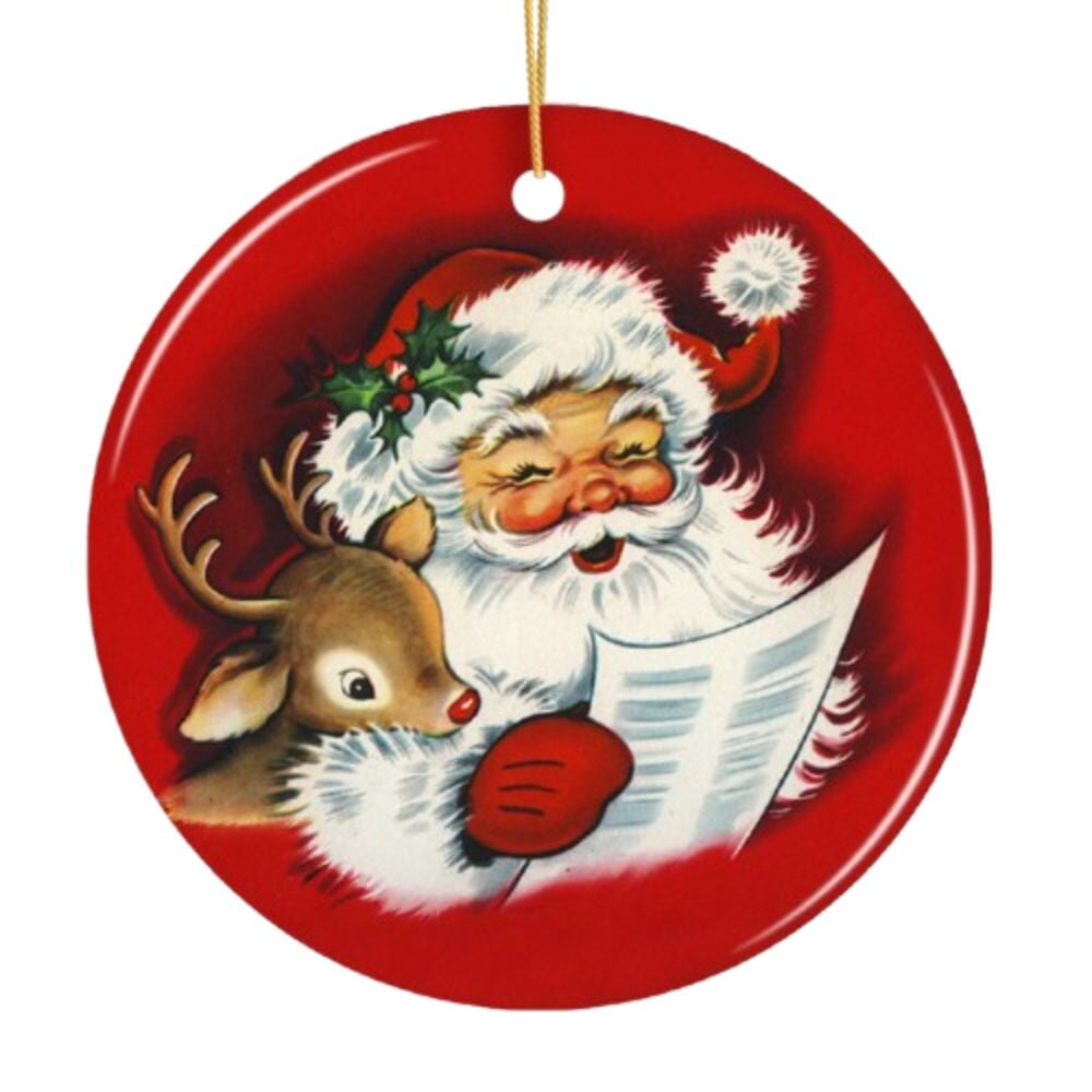 Santa and Baby Reindeer Singing a Christmas Carol Ornament Ceramic Ornament OrnamentallyYou 