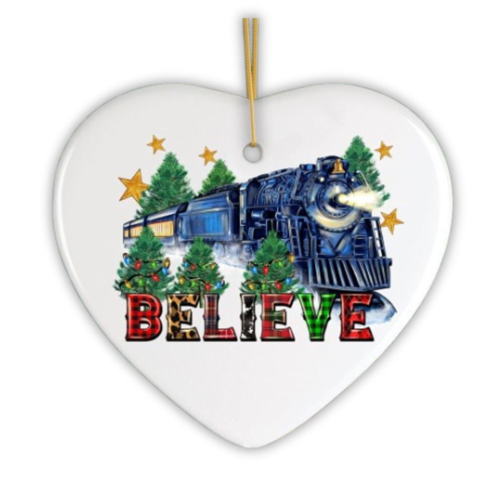 Magical Christmas Train Charming Holiday Ornament, Classic Believe Plaid Railroad Ceramic Ornament OrnamentallyYou 