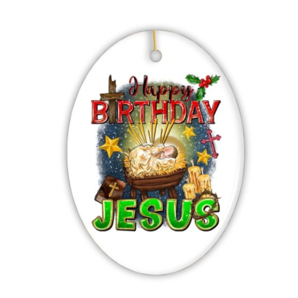 Happy Birthday Jesus Christmas Ornament, Nativity Religious Decor Ceramic Ornament OrnamentallyYou 