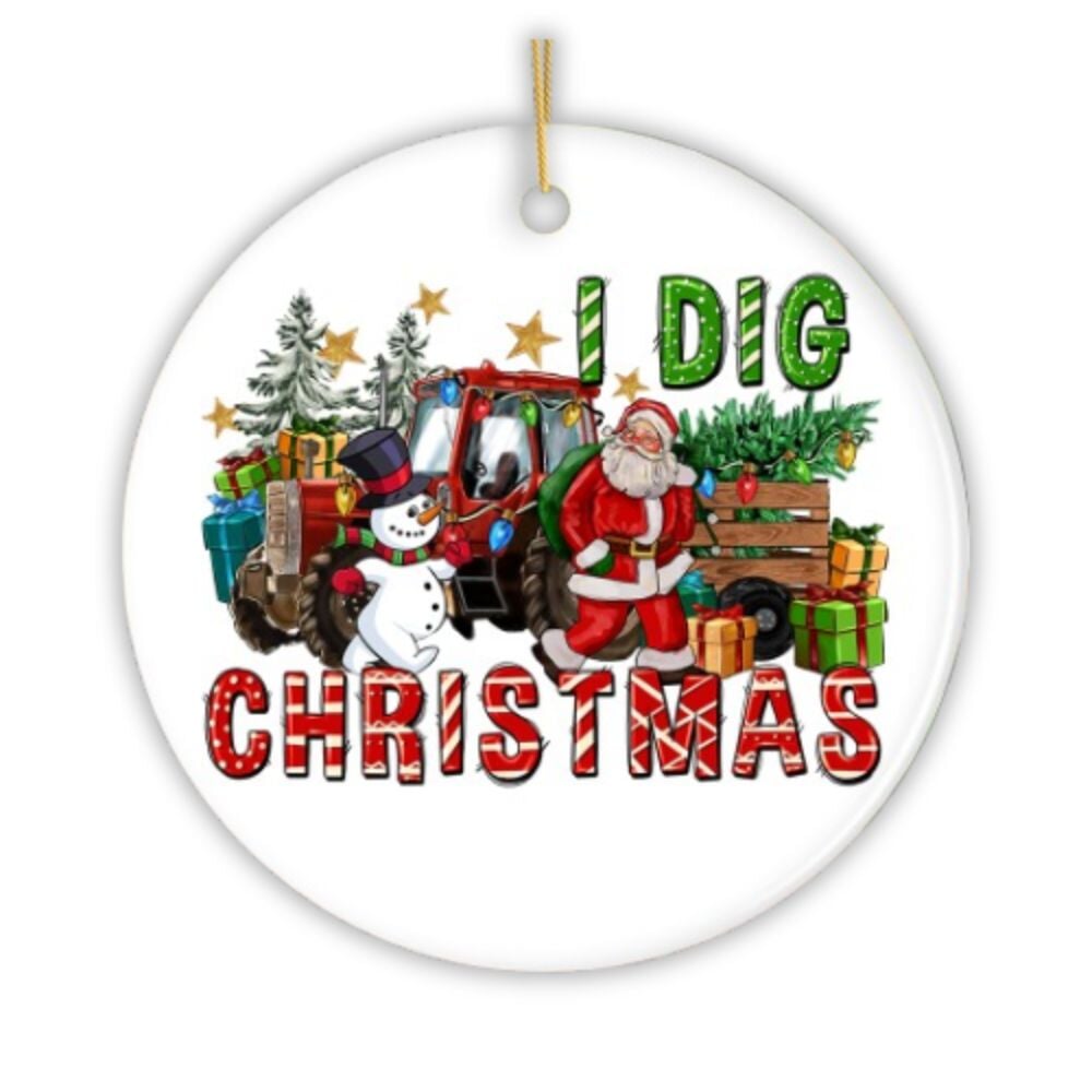 I Dig Christmas Santa and Snowman with Red Truck Ornament Ceramic Ornament OrnamentallyYou 