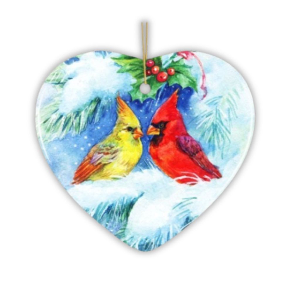 Watercolor Cardinal Mistletoe Romance Christmas Ornament Ceramic Ornament OrnamentallyYou 