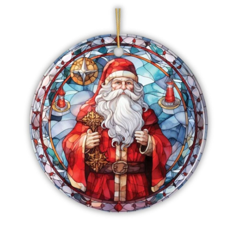 Stained Glass Themed Santa Claus Ceramic Ornament, Christmas Tree Decoration and Gift Ceramic Ornament OrnamentallyYou 