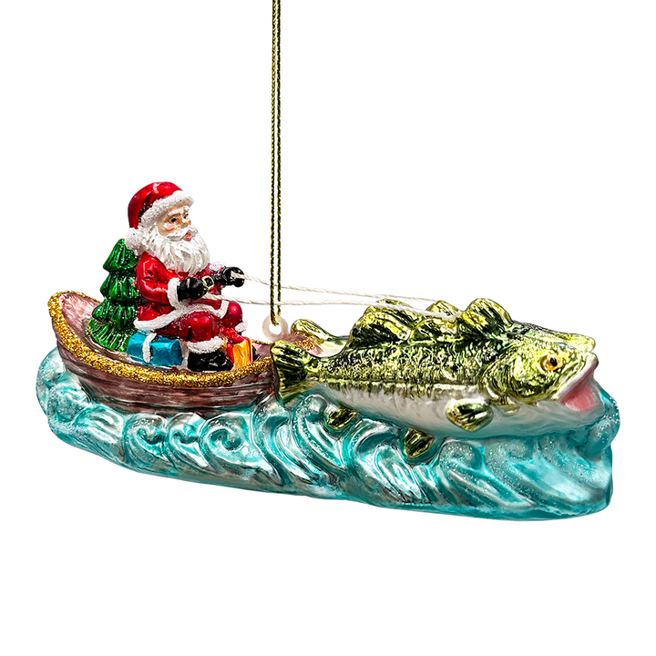 (Pre-Order) Santa's Fishing Adventure Glass Christmas Ornament, Holiday Angler Fish in Sleigh