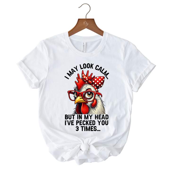 Pecking Chicken T-Shirt, Red Glasses and Bow White Tee for Sassy Women