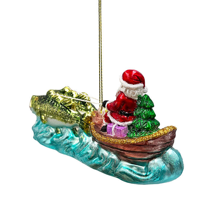 (Pre-Order) Santa's Fishing Adventure Glass Christmas Ornament, Holiday Angler Fish in Sleigh